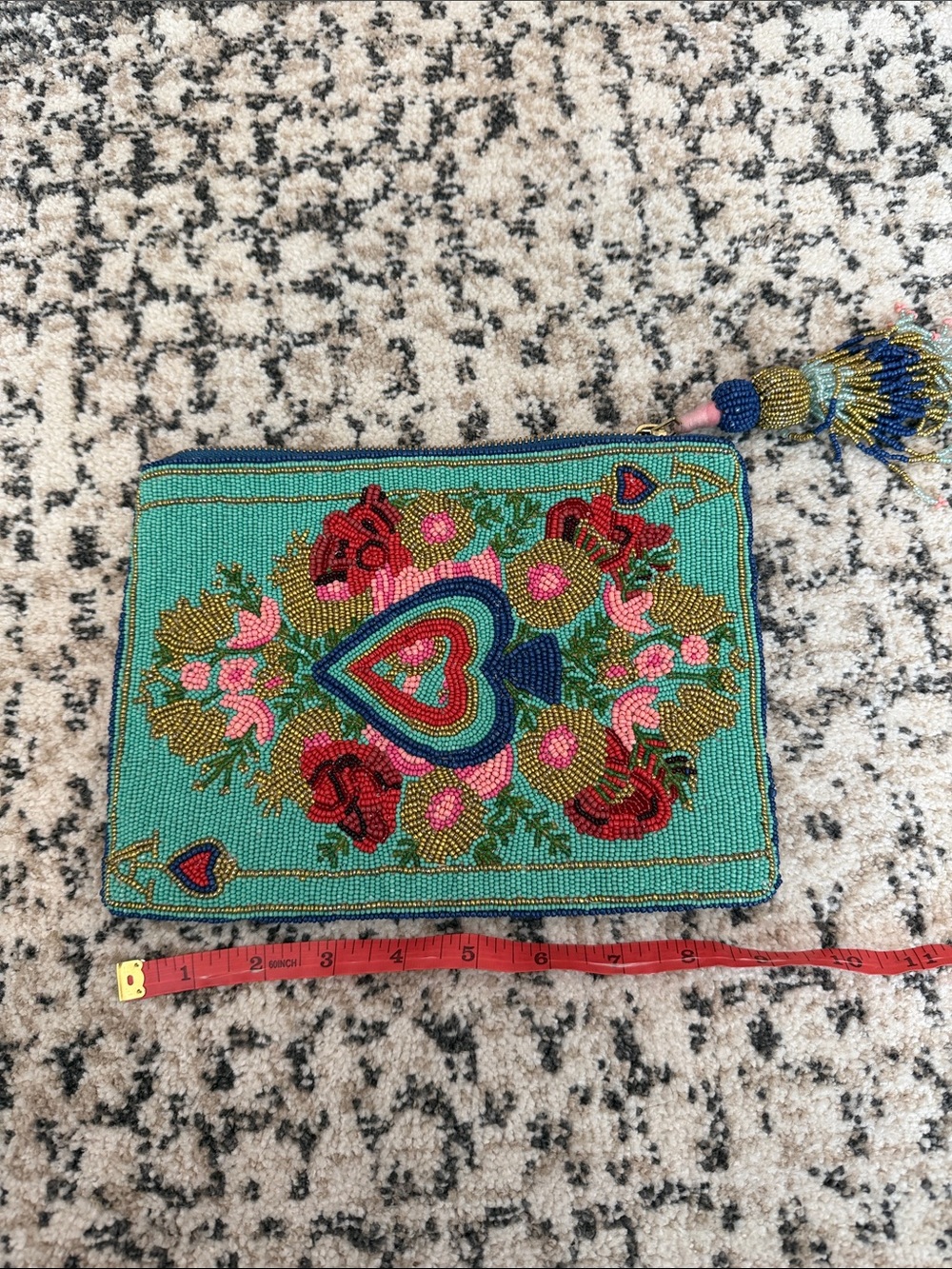 Anthropologie Turquoise Beaded Heart Floral Wristlet Clutch with Tassel